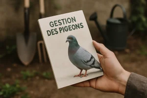 Main tenant un guide sur les solutions anti-pigeons, outils en arrière-plan flou.