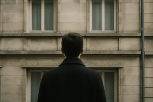 Silhouette de dos observant une façade avec dispositifs anti-pigeons, lumière douce.