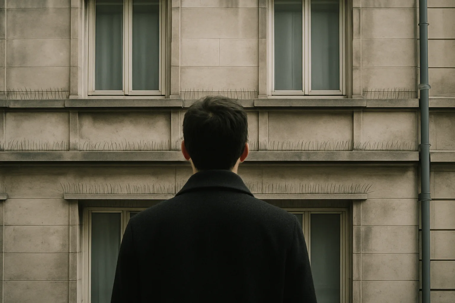 Silhouette de dos observant une façade avec dispositifs anti-pigeons, lumière douce.