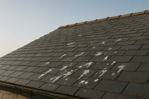 Toiture en ardoise avec fientes de pigeon visibles, ciel dégagé en arrière-plan.