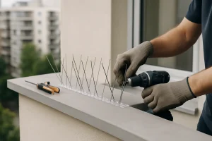 Mains en train d'installer un dispositif anti-pigeons sur un balcon, outils visibles.