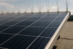 Panneau solaire avec dispositifs anti-pigeons, en gros plan, sous la lumière naturelle.