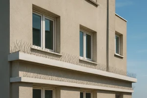 Façade d'immeuble avec dispositifs anti-pigeons visibles, ciel bleu.