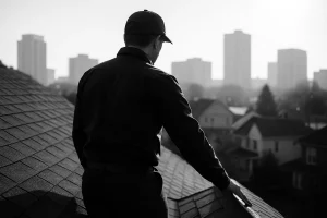 Agent inspectant un toit pour dépigeonnage, en noir et blanc, avec bâtiments en arrière-plan.