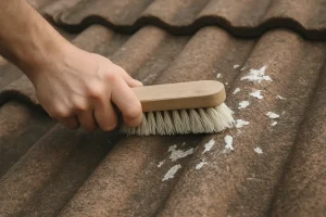 Main utilisant une brosse rigide sur une tuile de toit avec des fientes de pigeon.