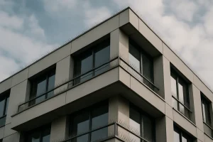 Immeuble moderne avec dispositifs anti-pigeons, ciel partiellement nuageux.