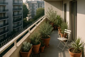 Balcon urbain avec plantes et dispositifs anti-pigeons, éclairage naturel