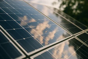Gros plan de panneaux solaires reflétant le ciel, sans pigeons, avec feuilles floues.