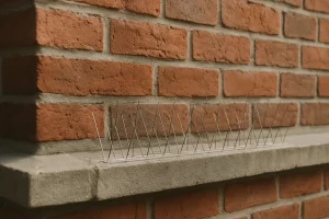 Gros plan d'une façade en briques avec dispositifs anti-pigeons installés.