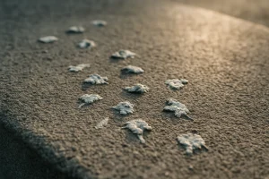 Gros plan sur du béton avec des fientes de pigeon, éclairage fin de journée, texture visible.