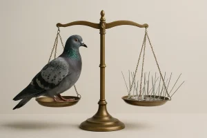 Balance avec un pigeon et des dispositifs anti-pigeons, fond uni.