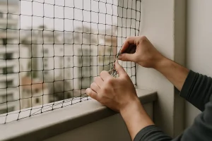 Deux mains fixant un filet anti-pigeons sur un balcon avec vue floue de la ville.
