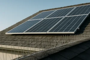 Panneaux solaires sur un toit avec dispositifs anti-pigeons visibles, ciel bleu en arrière-plan.