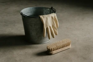 Seau, brosse rigide et gants en caoutchouc sur un sol en béton.