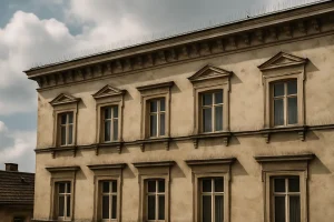 Façade d'immeuble ancienne avec dispositifs anti-pigeons, ciel nuageux.