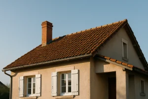 Maison avec un toit en tuiles sous un ciel bleu, vue en contre-plongée.