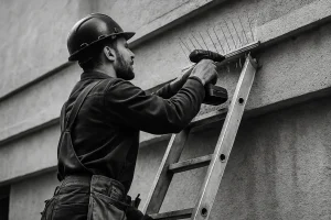 Ouvrier sur une échelle installant un dispositif anti-pigeons sur une façade en noir et blanc.