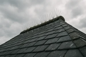 Vue d'un toit en ardoise avec des dispositifs anti-pigeons sous un ciel nuageux.