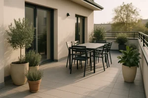 Terrasse moderne sans fientes de pigeon, vue avec lumière douce et plantes en pot.