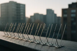 Dispositif métallique anti-pigeons sur une corniche avec immeubles flous en arrière-plan.