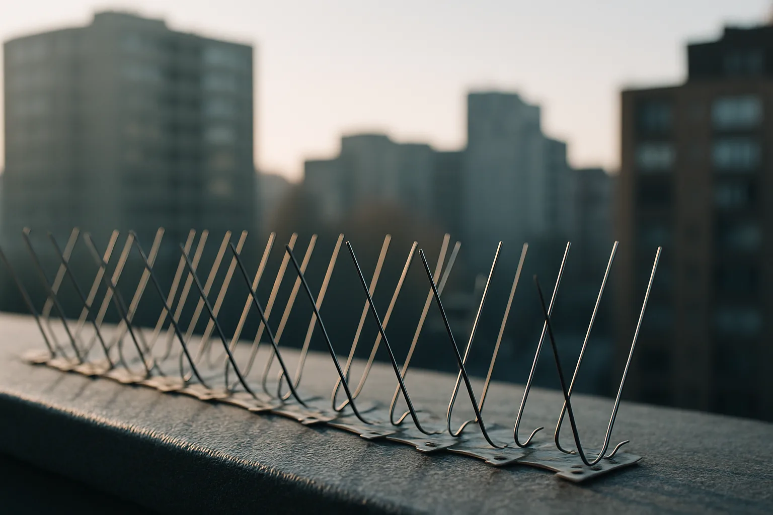 Dispositif métallique anti-pigeons sur une corniche avec immeubles flous en arrière-plan.