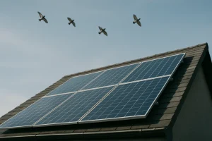 Toit équipé de panneaux solaires avec des pigeons visibles en arrière-plan sous un ciel bleu.