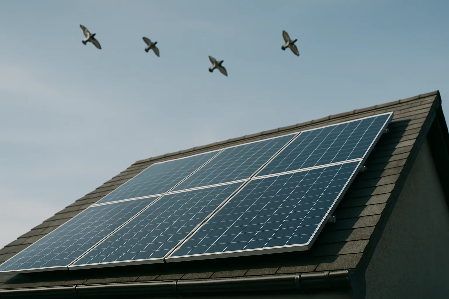 Toit équipé de panneaux solaires avec des pigeons visibles en arrière-plan sous un ciel bleu.