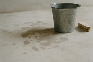 Surface en béton avec taches de fientes de pigeon, seau et brosse visibles.