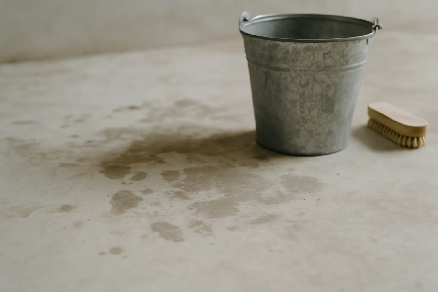 Surface en béton avec taches de fientes de pigeon, seau et brosse visibles.