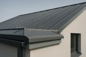 Toit moderne avec dispositifs anti-pigeons sous la lumière du jour, ciel dégagé.